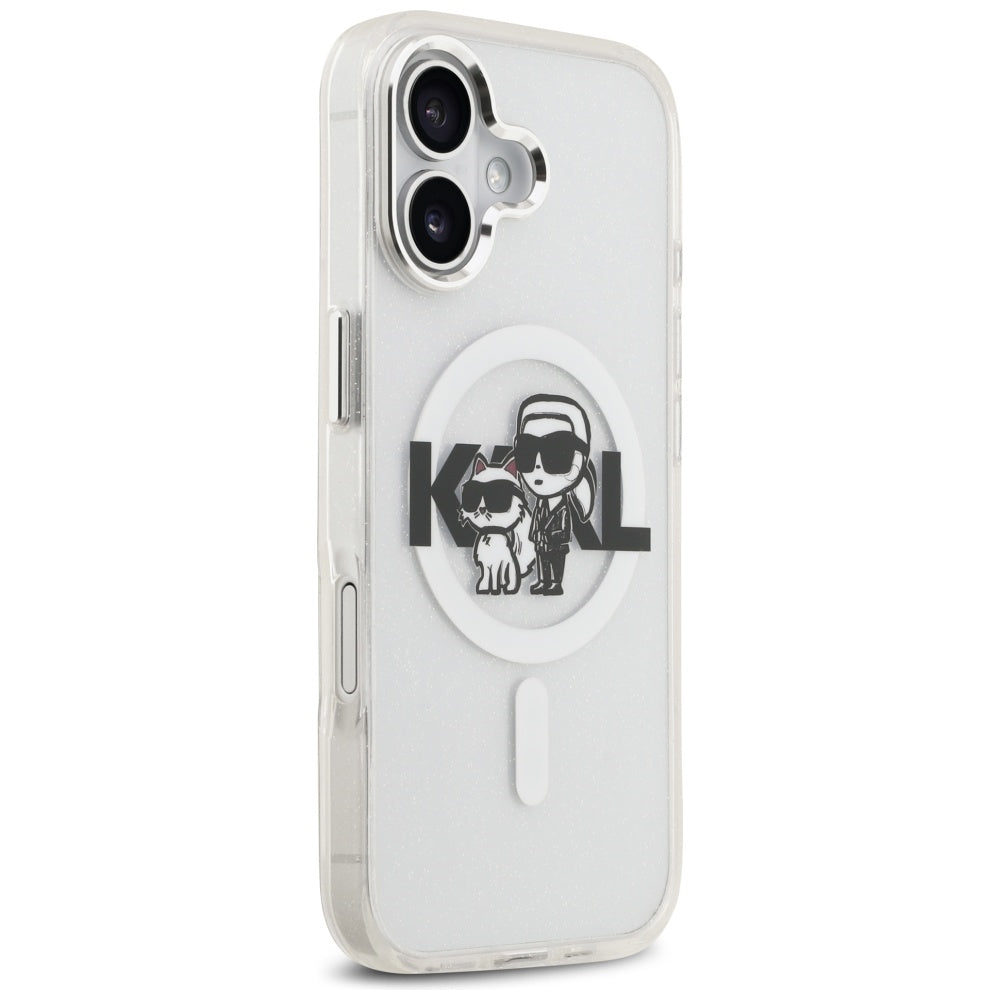 Funda MagSafe para Apple iPhone 17, Karl Lagerfeld, IML Sketch Logo Glitter Karl & Choupette, Transparente