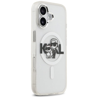 Funda MagSafe para Apple iPhone 17, Karl Lagerfeld, IML Sketch Logo Glitter Karl & Choupette, Transparente