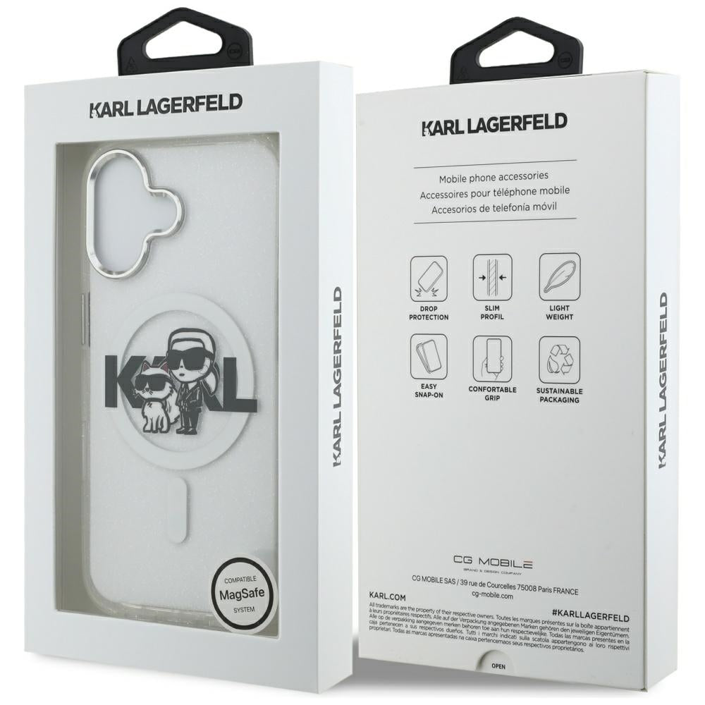 Funda MagSafe para Apple iPhone 17, Karl Lagerfeld, IML Sketch Logo Glitter Karl & Choupette, Transparente