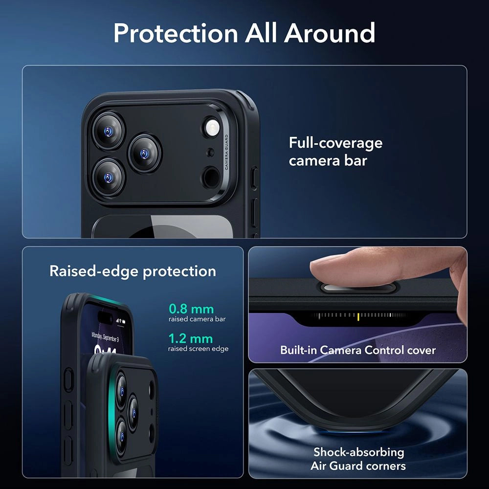 Funda MagSafe para Apple iPhone 17 Pro, ESR, Classic Hybrid con Protector de Pantalla, Negra Transparente