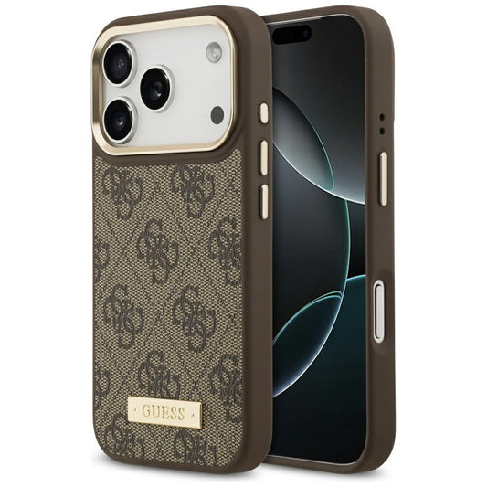Funda MagSafe para Apple iPhone 17 Pro, Guess, 4G Logo Plate, Marrón