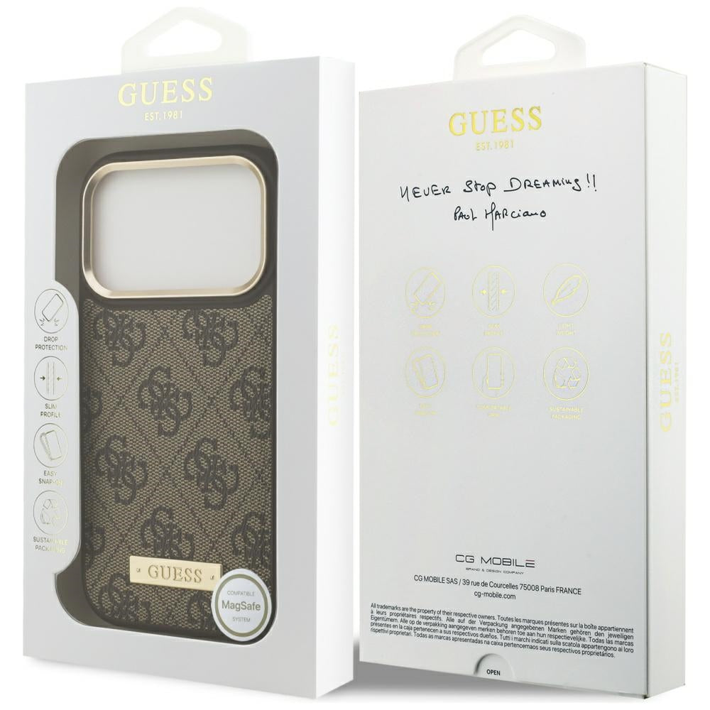 Funda MagSafe para Apple iPhone 17 Pro, Guess, 4G Logo Plate, Marrón