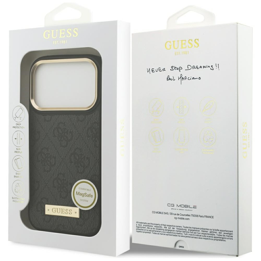 Funda MagSafe para Apple iPhone 17 Pro, Guess, 4G Logo Plate, Negra
