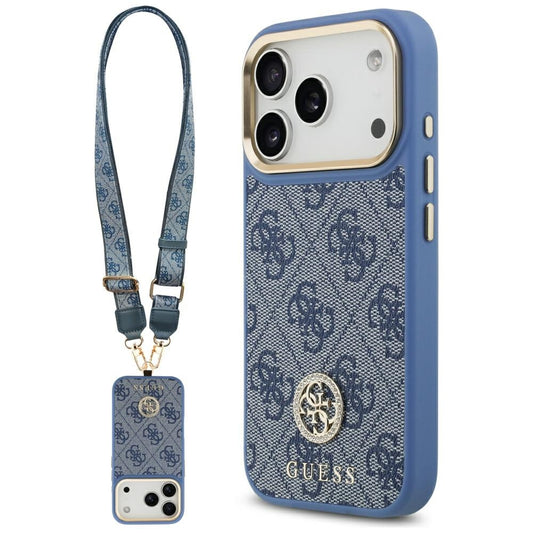 Funda MagSafe para Apple iPhone 17 Pro, Guess, 4G Strass Logo con Correa Grande, Azul
