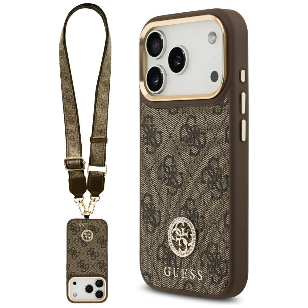 Funda MagSafe para Apple iPhone 17 Pro, Guess, 4G Strass Logo con Correa Grande, Marrón