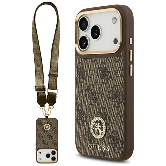 Funda MagSafe para Apple iPhone 17 Pro, Guess, 4G Strass Logo con Correa Grande, Marrón