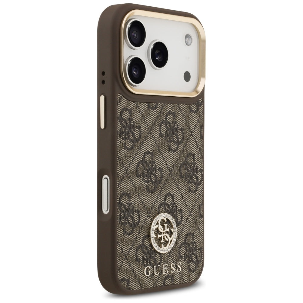 Funda MagSafe para Apple iPhone 17 Pro, Guess, 4G Strass Logo con Correa Grande, Marrón
