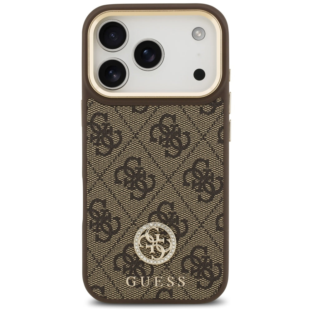 Funda MagSafe para Apple iPhone 17 Pro, Guess, 4G Strass Logo con Correa Grande, Marrón