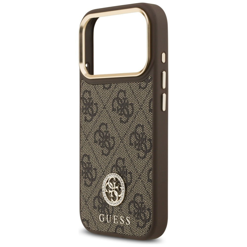 Funda MagSafe para Apple iPhone 17 Pro, Guess, 4G Strass Logo con Correa Grande, Marrón