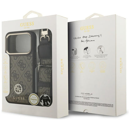 Funda MagSafe para Apple iPhone 17 Pro, Guess, 4G Strass Logo con Correa Grande, Marrón