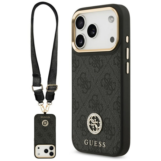 Funda MagSafe para Apple iPhone 17 Pro, Guess, 4G Strass Logo con Correa Grande, Negra