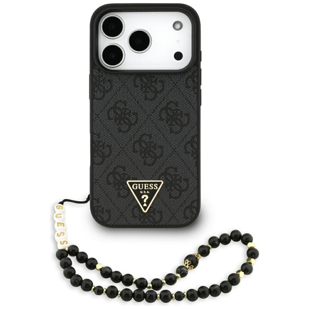 Funda MagSafe para Apple iPhone 17 Pro, Guess, Logo Triángulo 4G con Correa, Negra