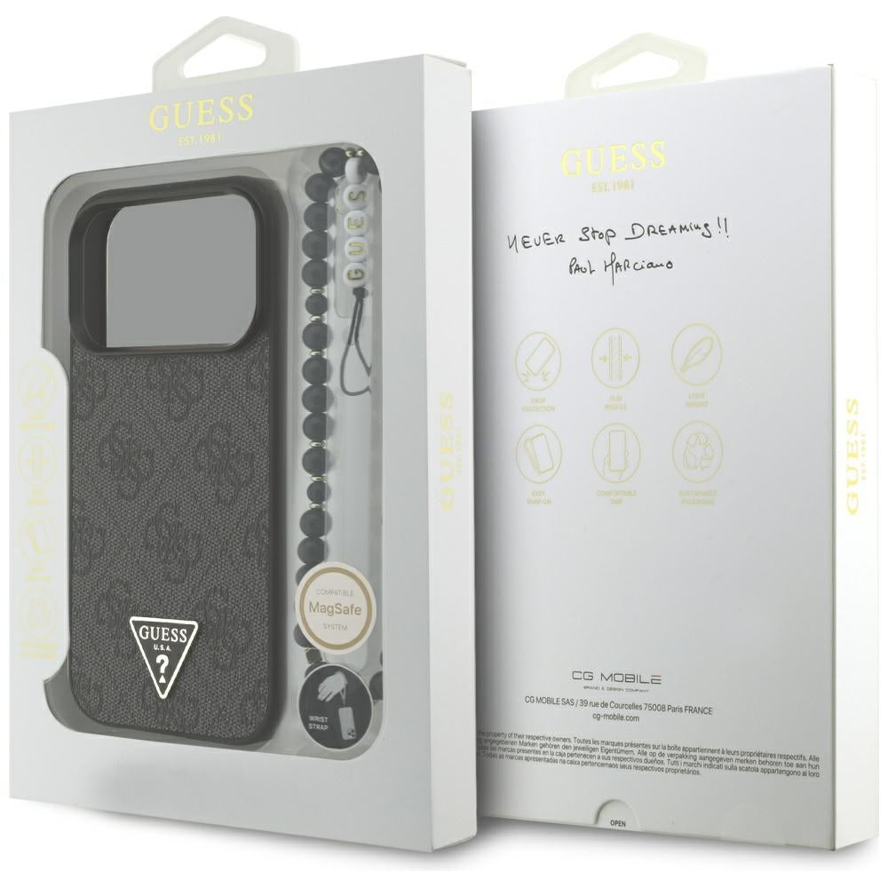 Funda MagSafe para Apple iPhone 17 Pro, Guess, Logo Triángulo 4G con Correa, Negra