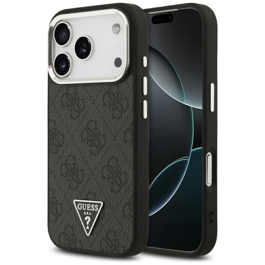 Funda MagSafe para Apple iPhone 17 Pro, Guess, Logo Triángulo 4G, Negra Plateada