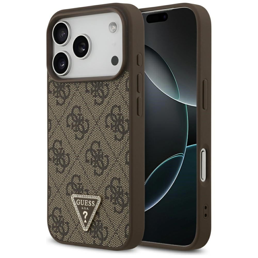 Funda MagSafe para Apple iPhone 17 Pro, Guess, 4G Triangle Strass, Marrón