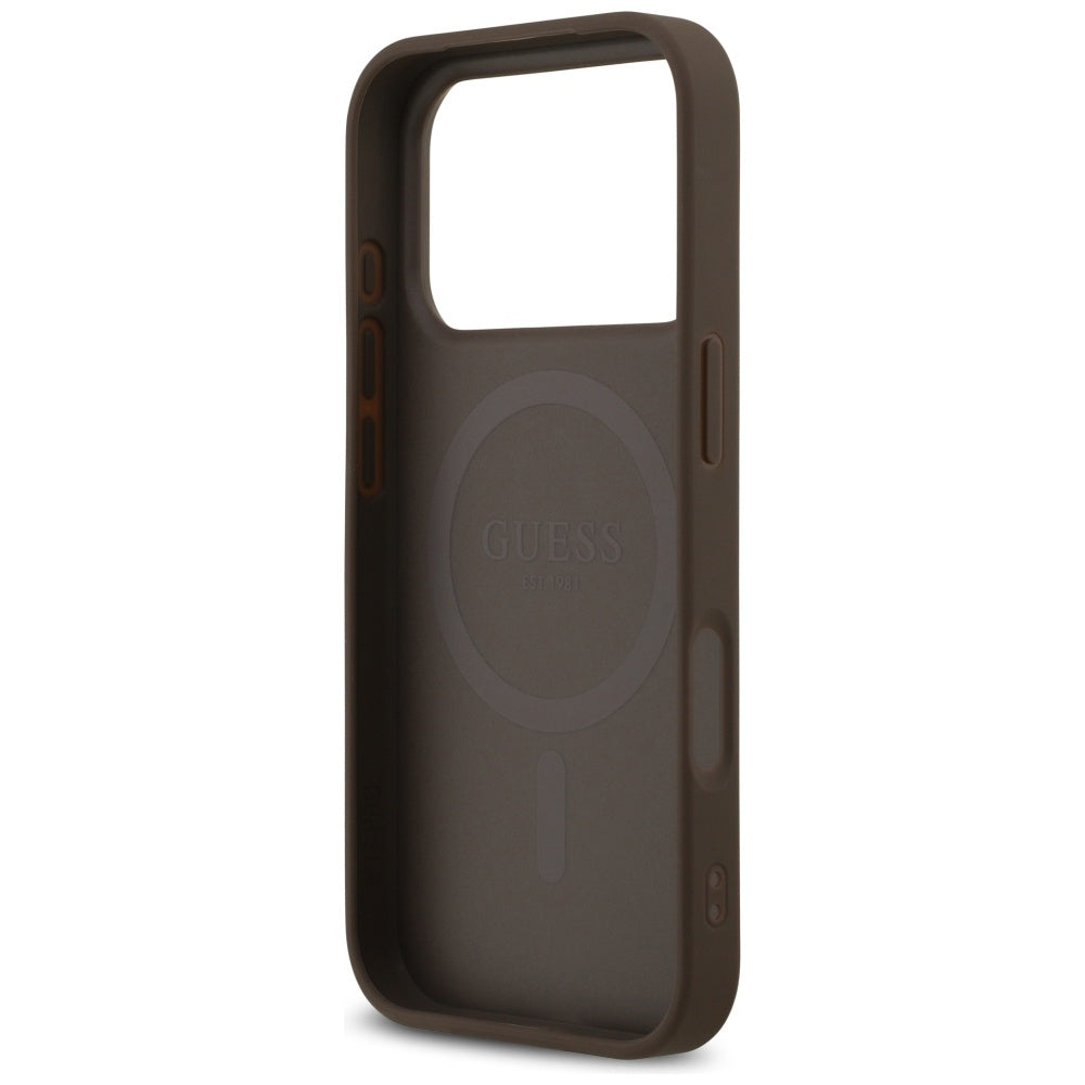 Funda MagSafe para Apple iPhone 17 Pro, Guess, 4G Triangle Strass, Marrón