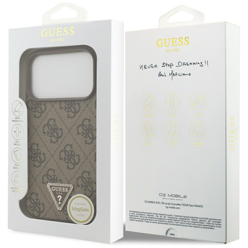 Funda MagSafe para Apple iPhone 17 Pro, Guess, 4G Triangle Strass, Marrón