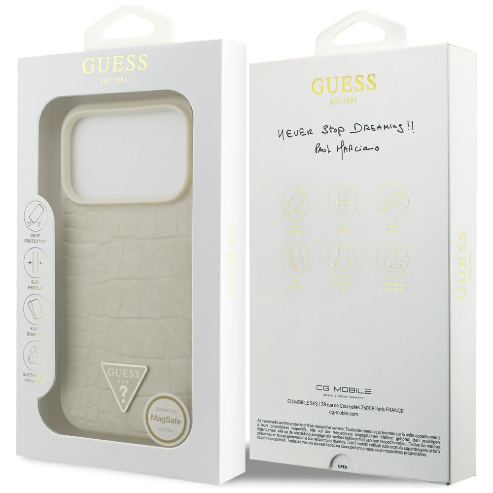 Funda MagSafe para Apple iPhone 17 Pro, Guess, Croco Triangle Logo, Dorada