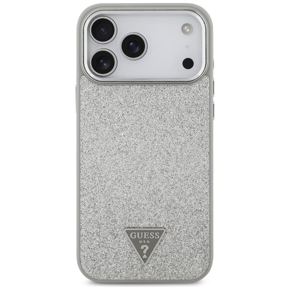 Funda MagSafe para Apple iPhone 17 Pro, Guess, Glitter Triangle Logo, Plateada
