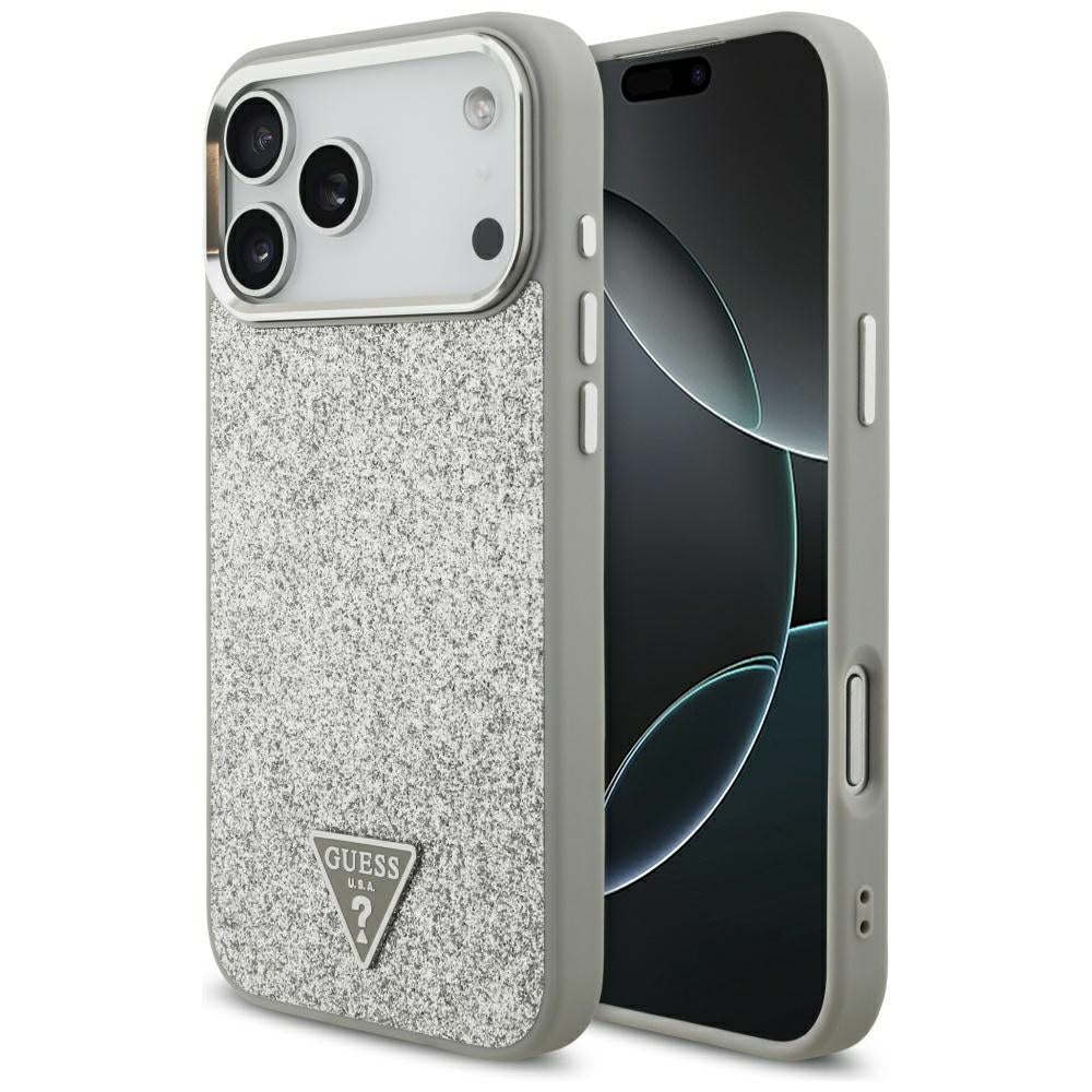 Funda MagSafe para Apple iPhone 17 Pro, Guess, Glitter Triangle Logo, Plateada