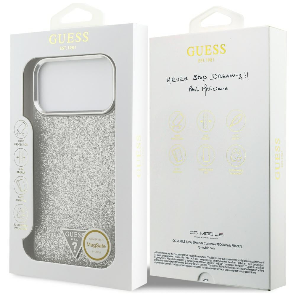 Funda MagSafe para Apple iPhone 17 Pro, Guess, Glitter Triangle Logo, Plateada