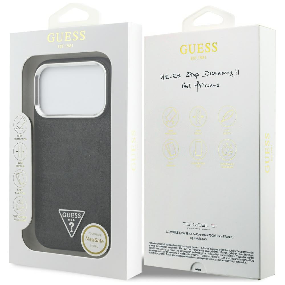 Funda MagSafe para Apple iPhone 17 Pro, Guess, Glitter Triangle Logo, Negra