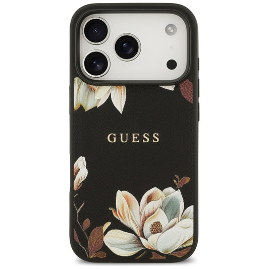 Funda MagSafe para Apple iPhone 17 Pro, Guess, Grained Flowers, Negra