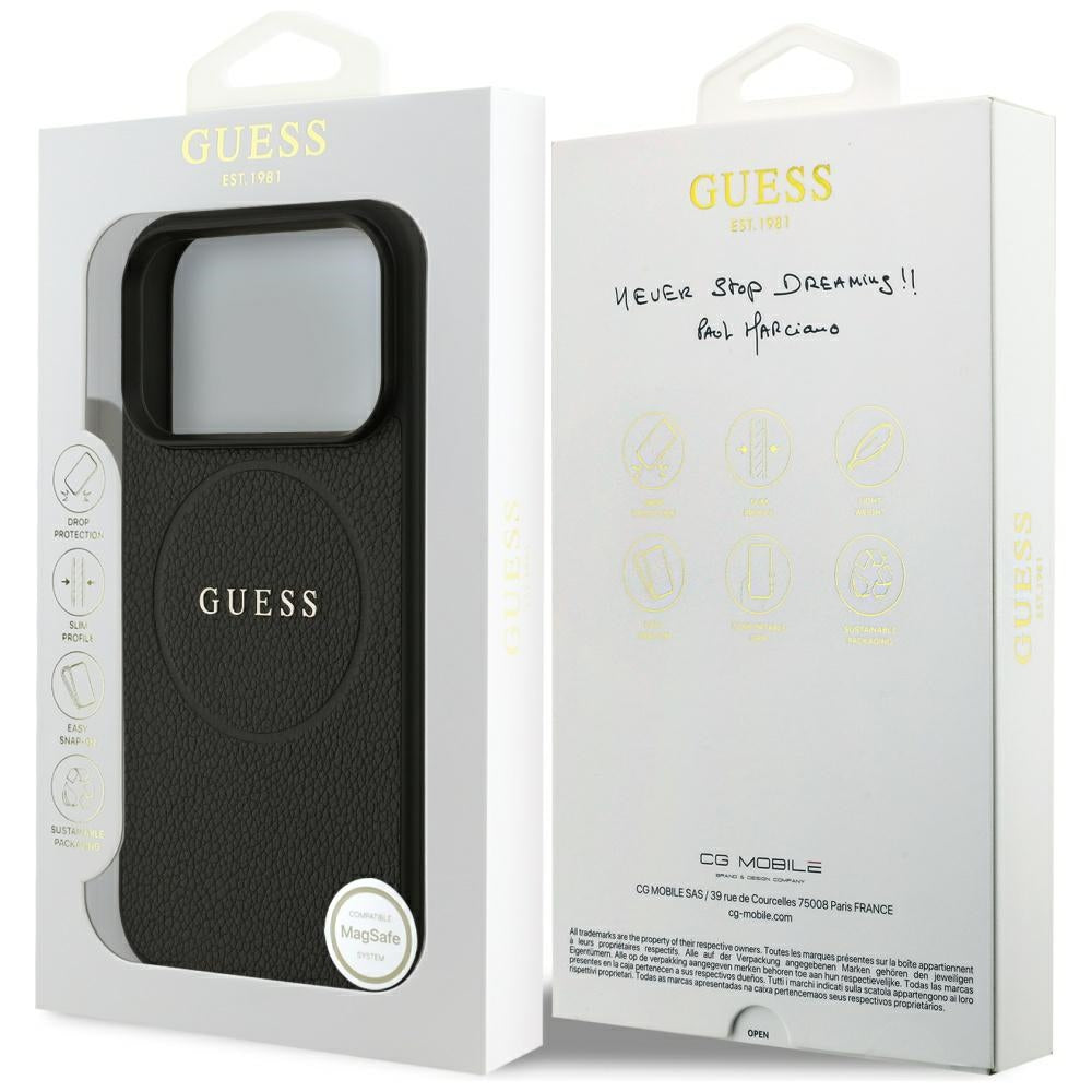 Funda MagSafe para Apple iPhone 17 Pro, Guess, Grained Gold Ring, Negra