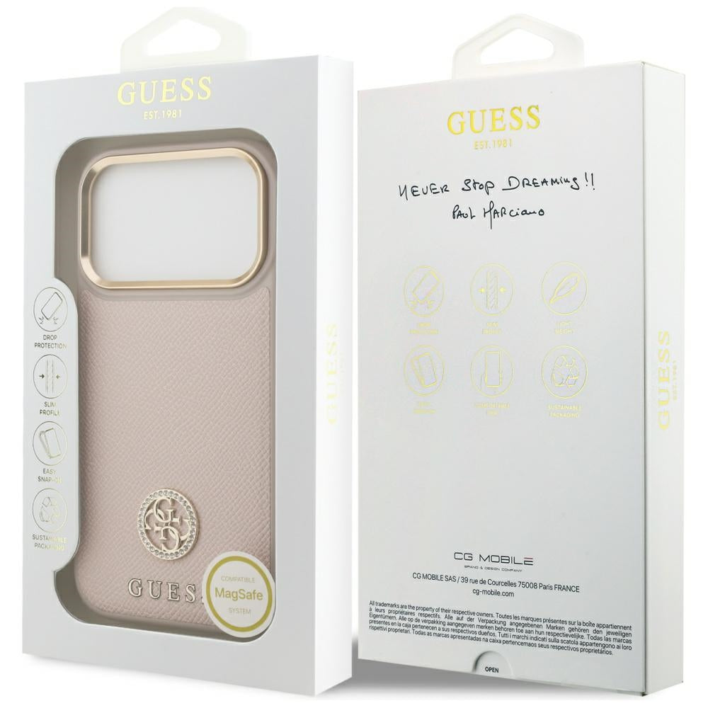 Funda MagSafe para Apple iPhone 17 Pro, Guess, Grained Strass Logo, Rosa