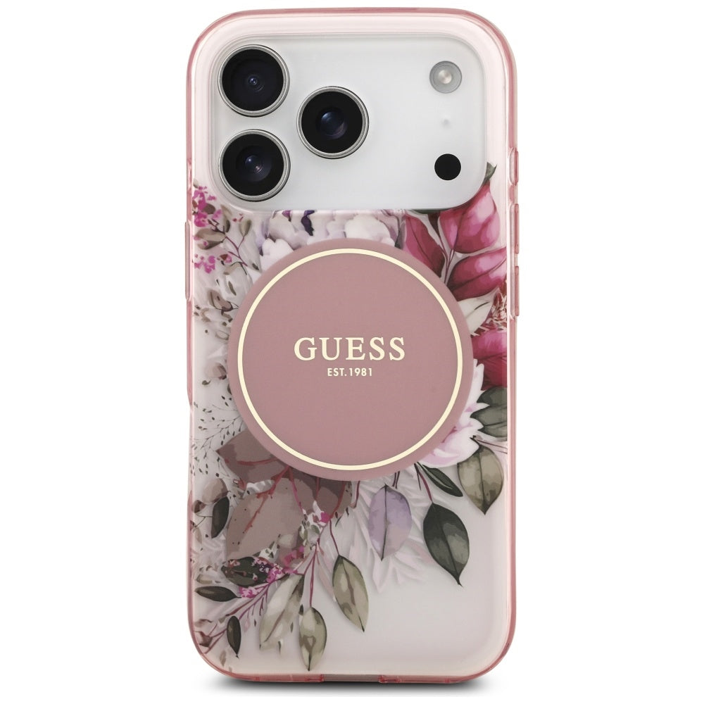 Funda MagSafe para Apple iPhone 17 Pro, Guess, IML Flower and Tonal Circle, Rosa