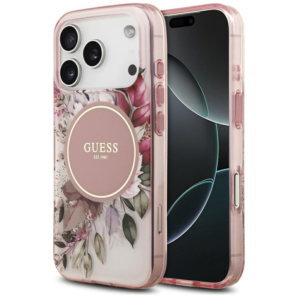 Funda MagSafe para Apple iPhone 17 Pro, Guess, IML Flower and Tonal Circle, Rosa