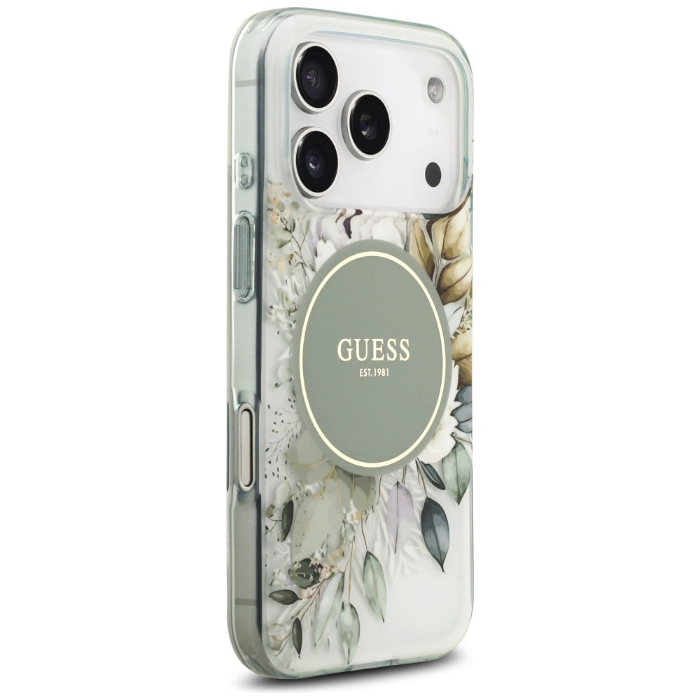Funda MagSafe para Apple iPhone 17 Pro, Guess, IML Flower and Tonal Circle, Verde