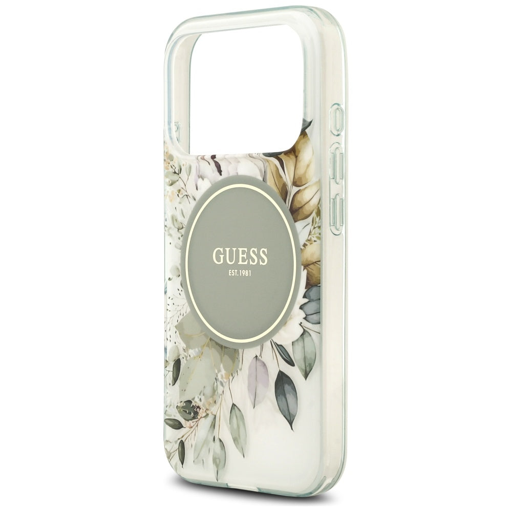 Funda MagSafe para Apple iPhone 17 Pro, Guess, IML Flower and Tonal Circle, Verde