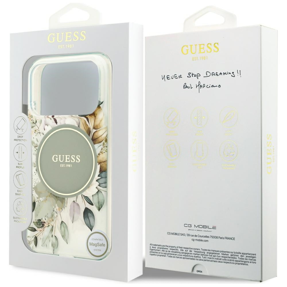 Funda MagSafe para Apple iPhone 17 Pro, Guess, IML Flower and Tonal Circle, Verde