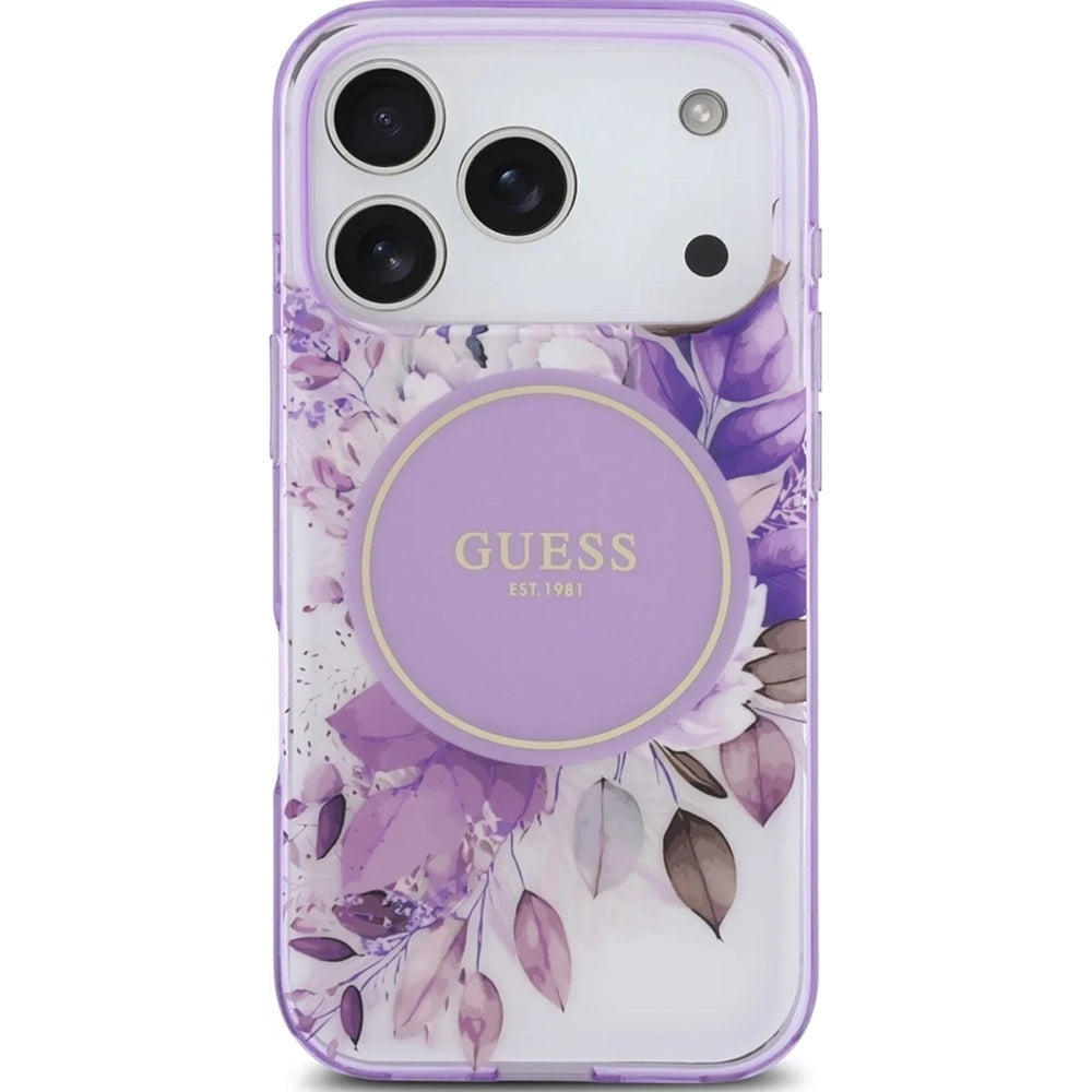 Funda MagSafe para Apple iPhone 17 Pro, Guess, IML Flower & Tonal Circle, Morado