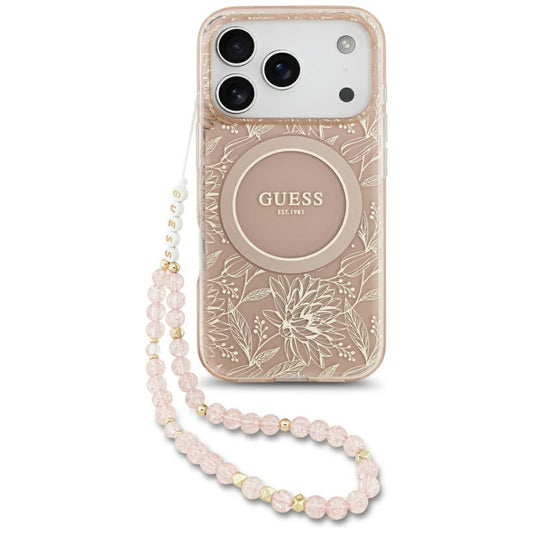 Funda MagSafe para Apple iPhone 17 Pro, Guess, IML Flowers Allover Electroplated with Pearl Strap, Rosa