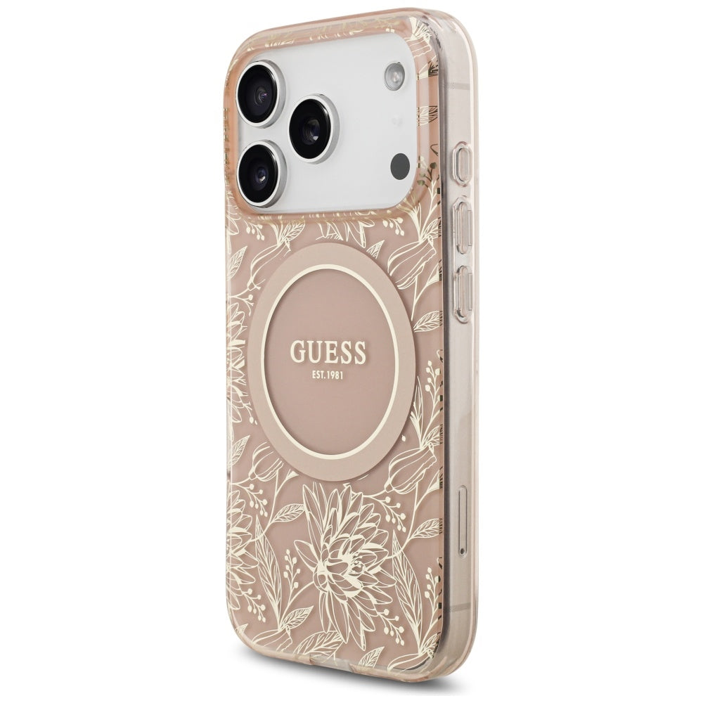 Funda MagSafe para Apple iPhone 17 Pro, Guess, IML Flowers Allover Electroplated with Pearl Strap, Rosa
