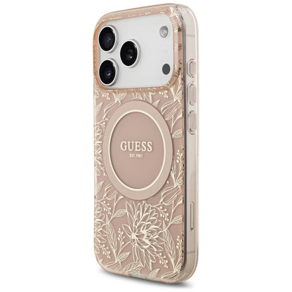 Funda MagSafe para Apple iPhone 17 Pro, Guess, IML Flowers Allover Electroplated with Pearl Strap, Rosa