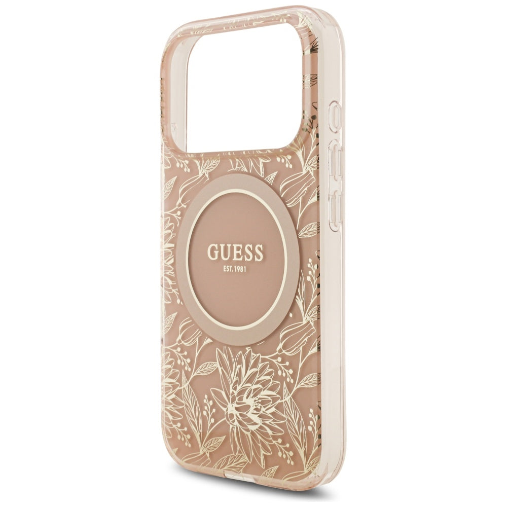Funda MagSafe para Apple iPhone 17 Pro, Guess, IML Flowers Allover Electroplated with Pearl Strap, Rosa