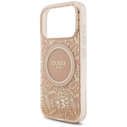 Funda MagSafe para Apple iPhone 17 Pro, Guess, IML Flowers Allover Electroplated with Pearl Strap, Rosa