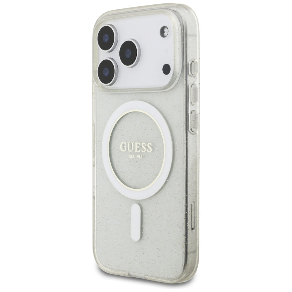 Funda MagSafe para Apple iPhone 17 Pro, Guess, IML Glitter con Correa de Perla, Transparente
