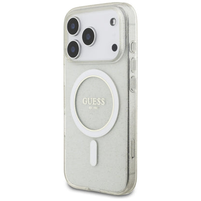 Funda MagSafe para Apple iPhone 17 Pro, Guess, IML Glitter con Correa de Perla, Transparente