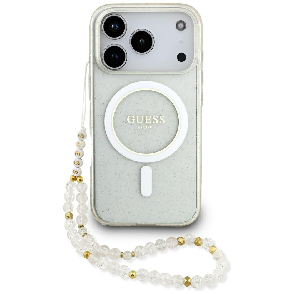Funda MagSafe para Apple iPhone 17 Pro, Guess, IML Glitter con Correa de Perla, Transparente