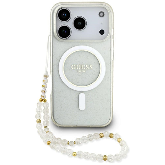 Funda MagSafe para Apple iPhone 17 Pro, Guess, IML Glitter con Correa de Perla, Transparente