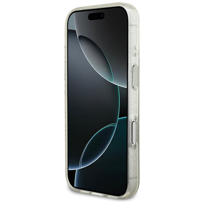 Funda MagSafe para Apple iPhone 17 Pro, Guess, IML Glitter con Correa de Perla, Transparente