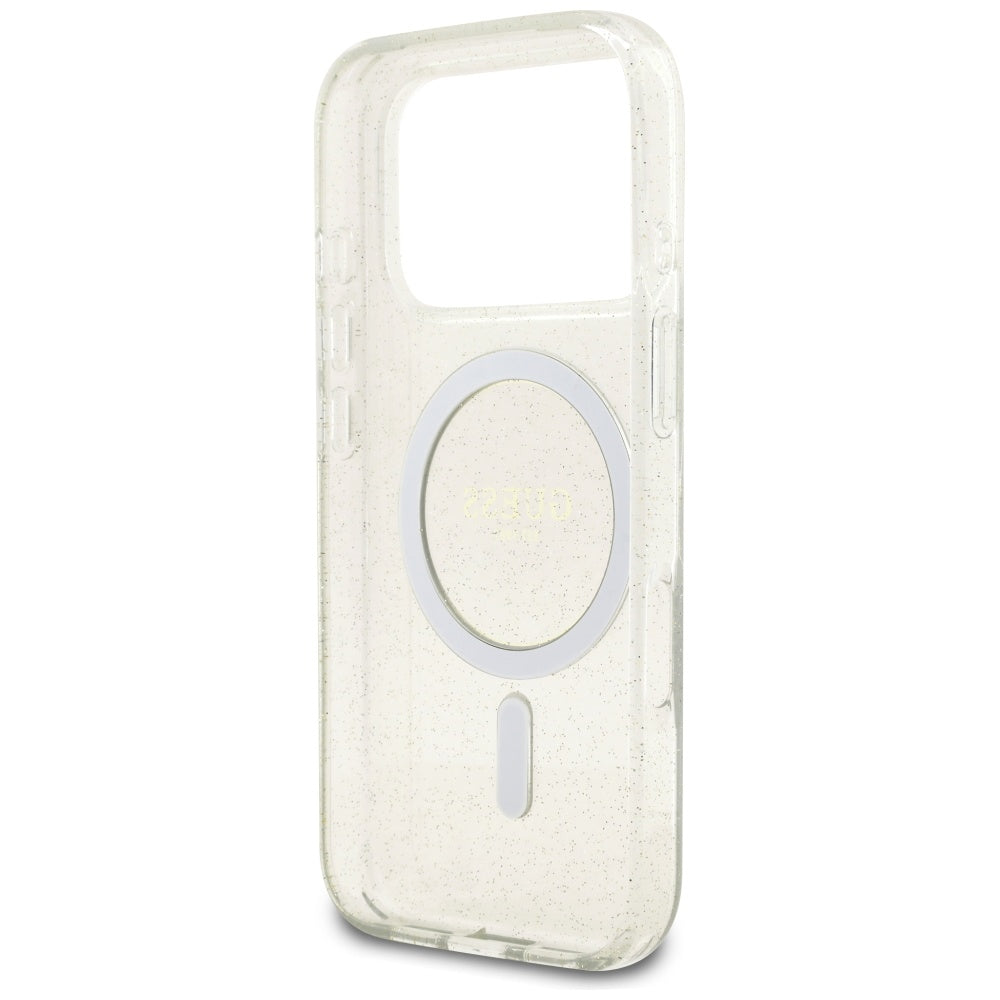 Funda MagSafe para Apple iPhone 17 Pro, Guess, IML Glitter con Correa de Perla, Transparente