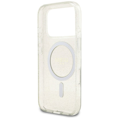 Funda MagSafe para Apple iPhone 17 Pro, Guess, IML Glitter con Correa de Perla, Transparente