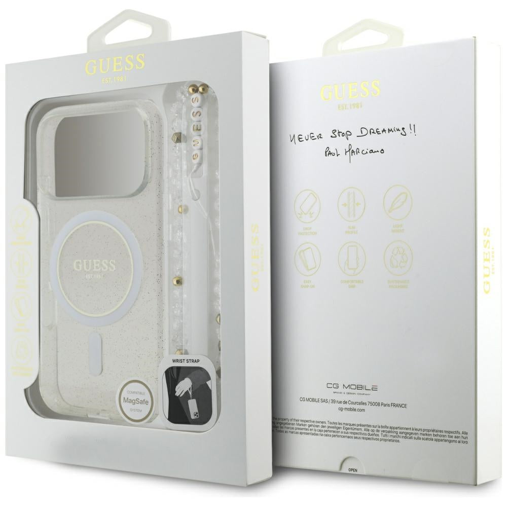 Funda MagSafe para Apple iPhone 17 Pro, Guess, IML Glitter con Correa de Perla, Transparente