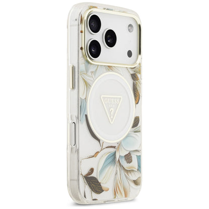 Funda MagSafe para Apple iPhone 17 Pro, Guess, IML Metal Glitter Flowers Triangle, Blanca