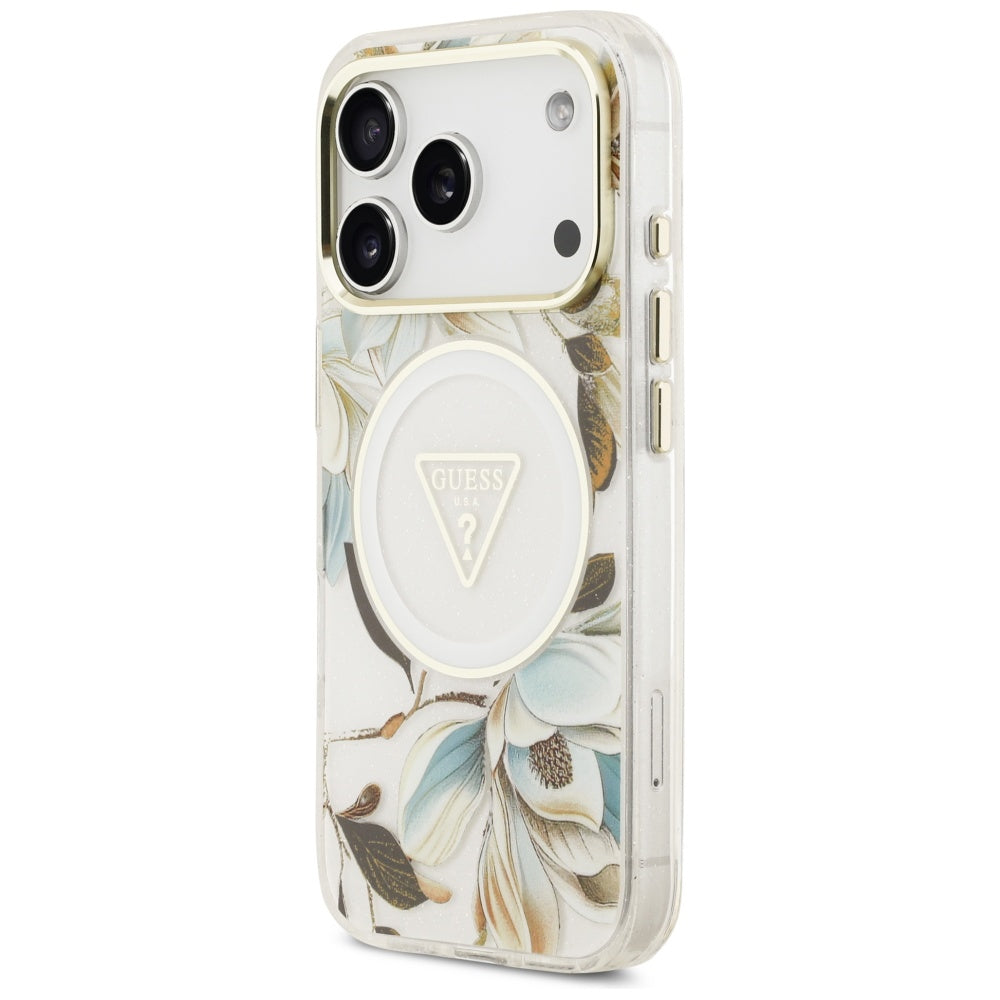 Funda MagSafe para Apple iPhone 17 Pro, Guess, IML Metal Glitter Flowers Triangle, Blanca